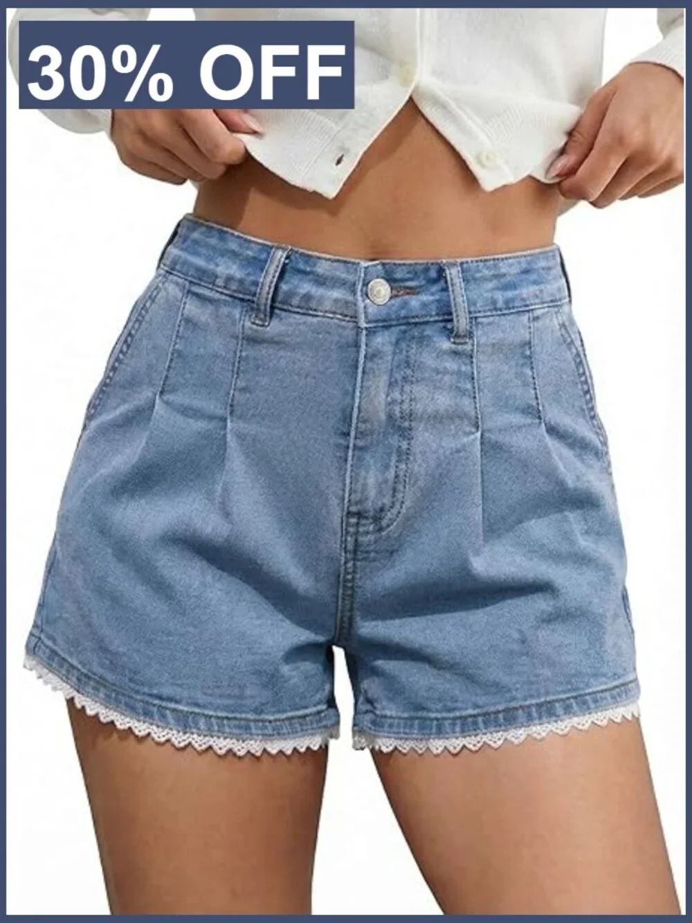 Scalloped Lace Trim High Waist Denim Shorts Pleated Wide Leg Summer
